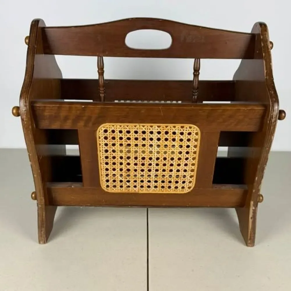 Vintage Wood Magazine Rack with Cane Panel 16”x8 3/4”x15 1/2”